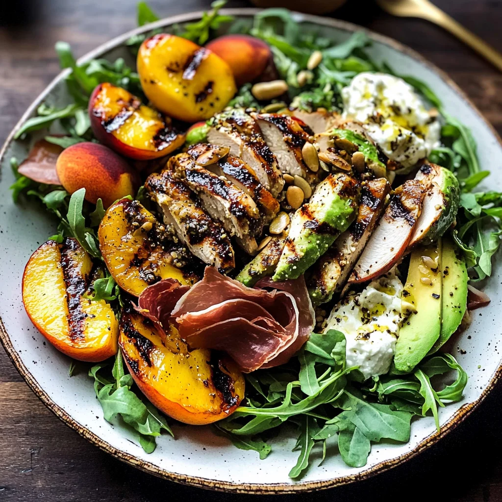 Balsamic Peach Basil Chicken Salad with Crispy Prosciutto.