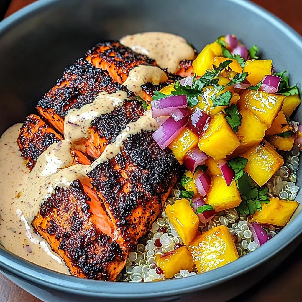 Blackened Salmon Bowl with Mango Salsa & Chipotle Crema