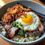 Char Siu beef Bowl with Crispy Fried Shallots & Sunny-Side Up Egg