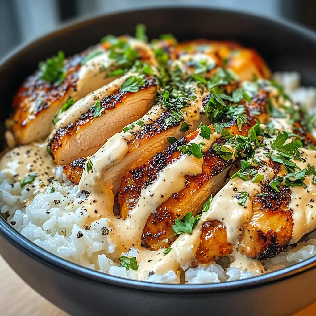 Chicken & Rice Bowls with Creamy Garlic Sauce