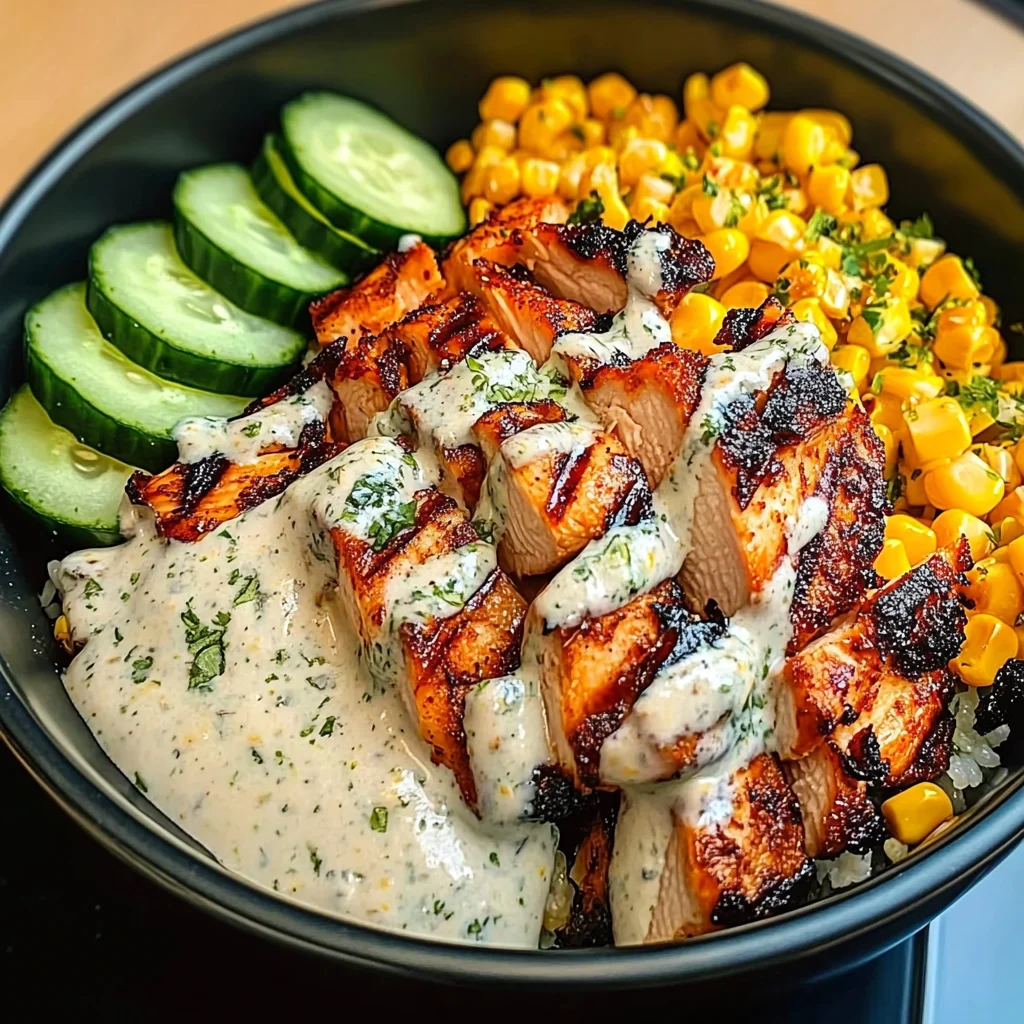 Chipotle Chicken Bowl with Corn, Cucumber & Creamy Sauce