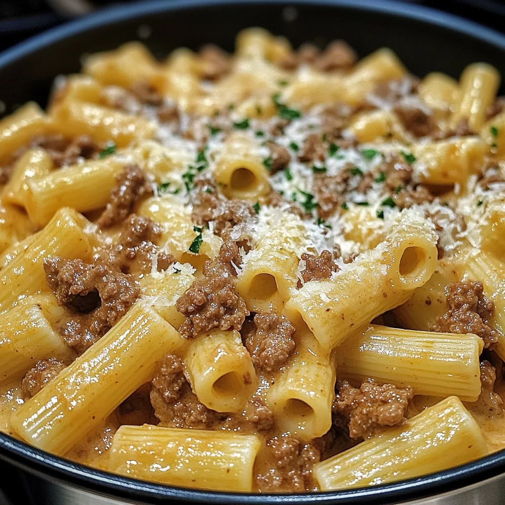 Creamy Beef and Garlic Butter Rigatoni