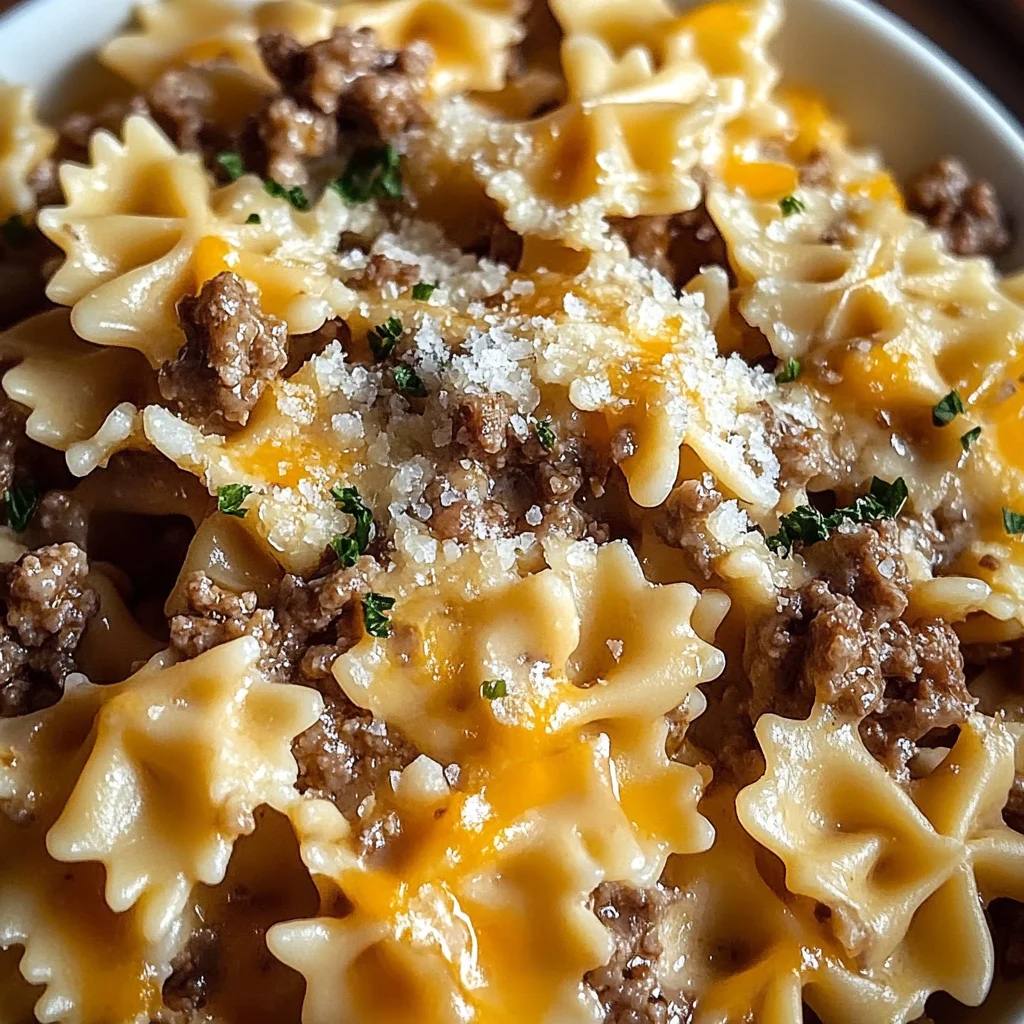 Garlic Butter Beef & Cheesy Bowtie Pasta