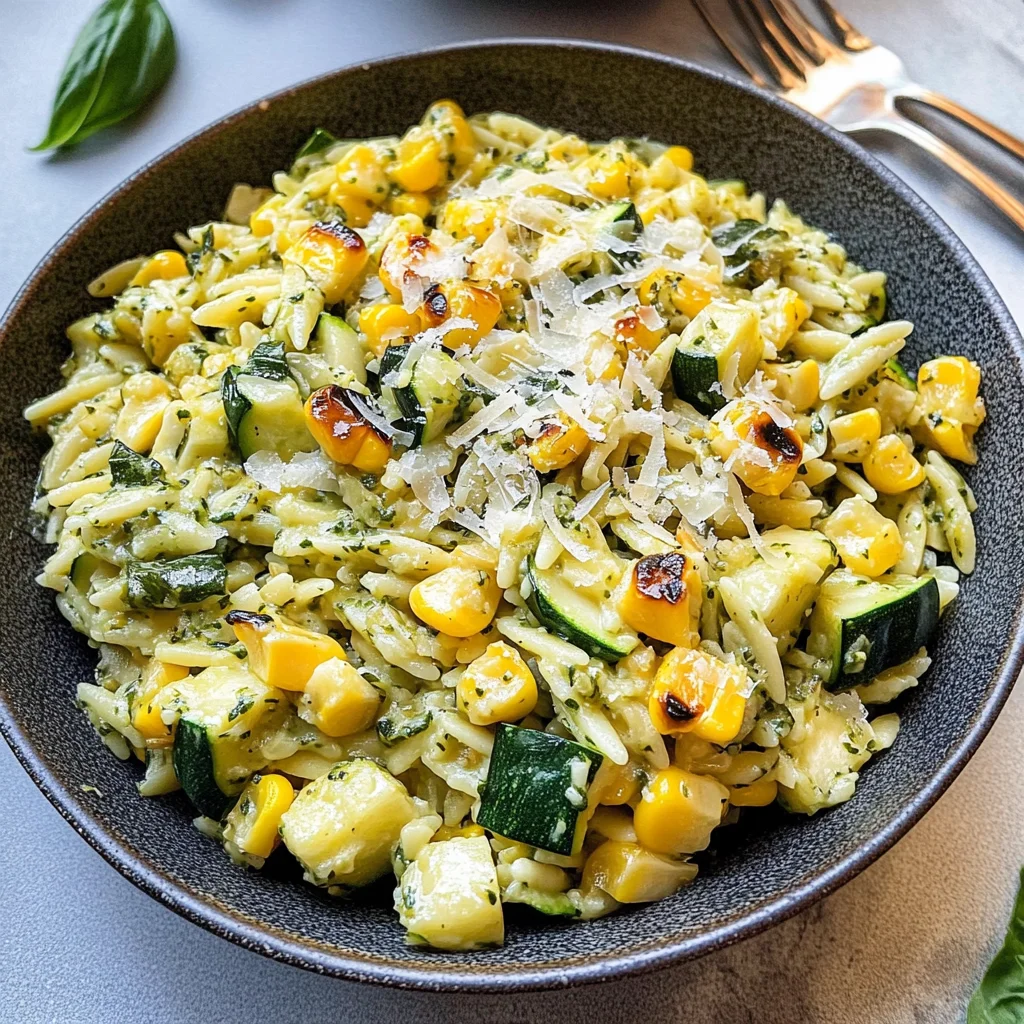 Pesto Zucchini Orzo with Charred Sweet Corn