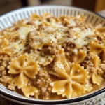Velveeta Beef Pasta served with bowtie noodles