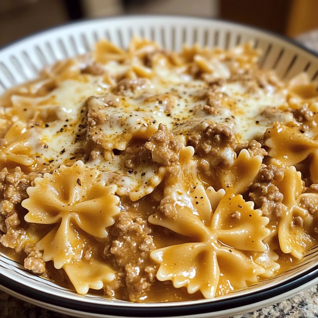 Velveeta Beef Pasta served with bowtie noodles