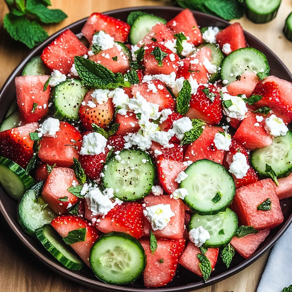 Watermelon Cucumber Salad with Strawberries and Feta