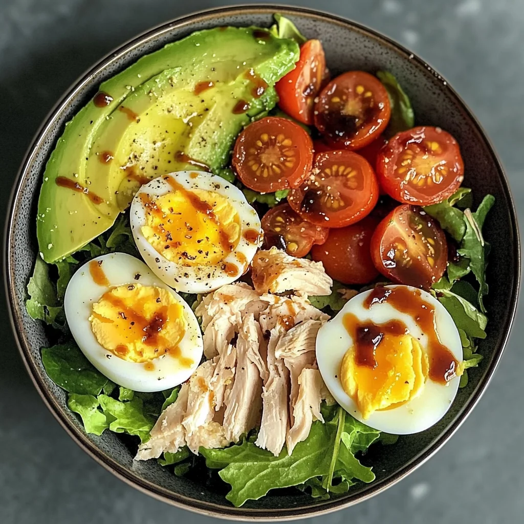 Avocado & Jammy Egg Salad Bowl with Shredded Chicken & Tomatoes