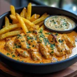 Creamy Butter Chicken with Garlic Drizzle, Golden Fries & Warm Naan