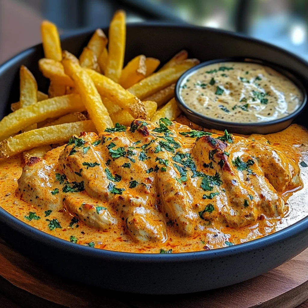 Creamy Butter Chicken with Garlic Drizzle, Golden Fries & Warm Naan