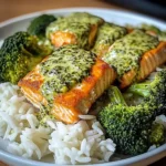 Creamy Pesto Salmon with Broccoli & Rice