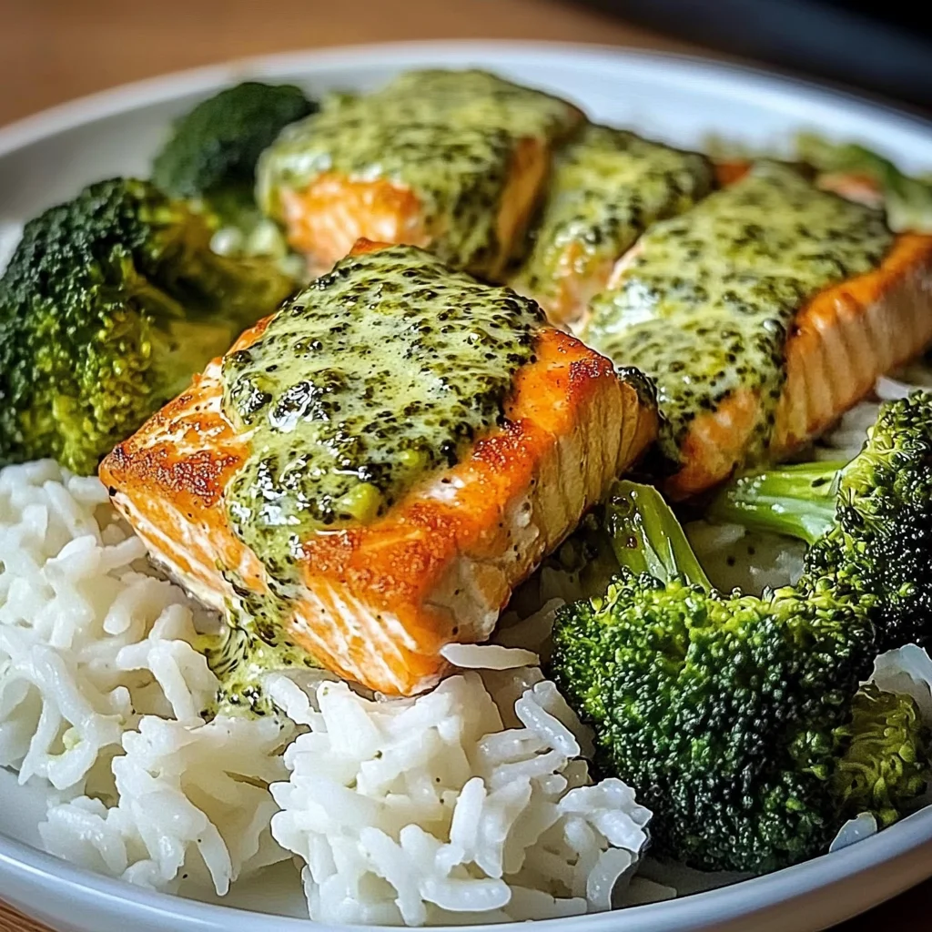 Creamy Pesto Salmon with Broccoli & Rice