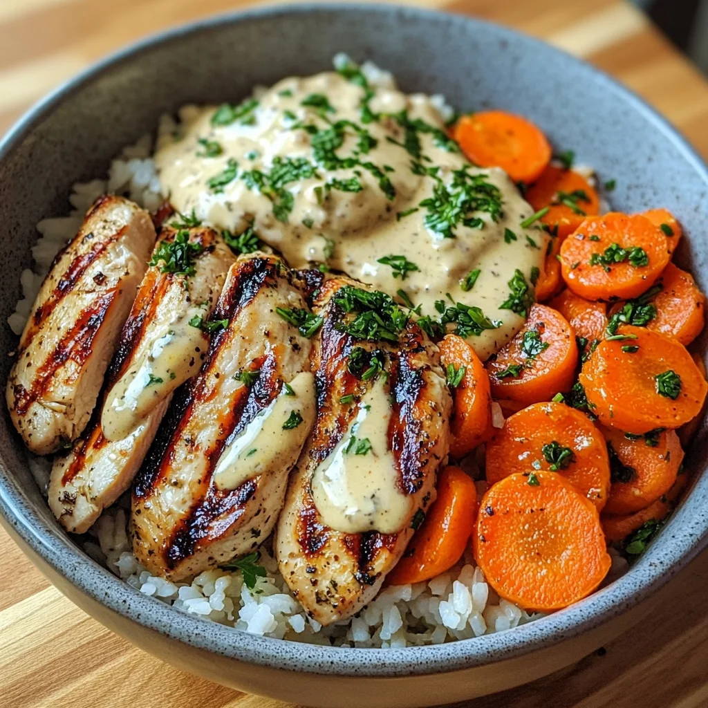 Grilled Chicken Bowl with Herbed Rice, Glazed Carrots & Creamy Sauce