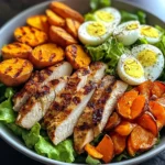 Grilled Chicken Salad Bowl with Sweet Potato Rounds & Eggs