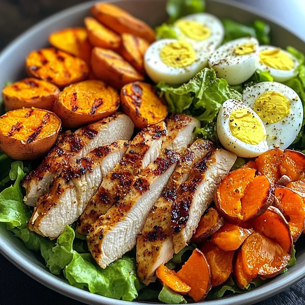 Grilled Chicken Salad Bowl with Sweet Potato Rounds & Eggs