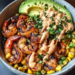Grilled Shrimp Bowl with Avocado, Corn Salsa & Creamy Garlic Sauce