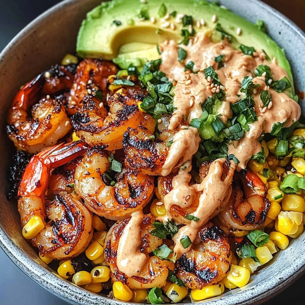 Grilled Shrimp Bowl with Avocado, Corn Salsa & Creamy Garlic Sauce