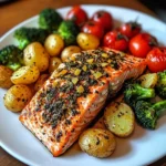 Herb-Crusted Salmon Plate with Garlic Potatoes & Veggies