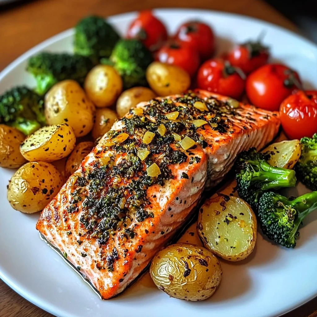 Herb-Crusted Salmon Plate with Garlic Potatoes & Veggies