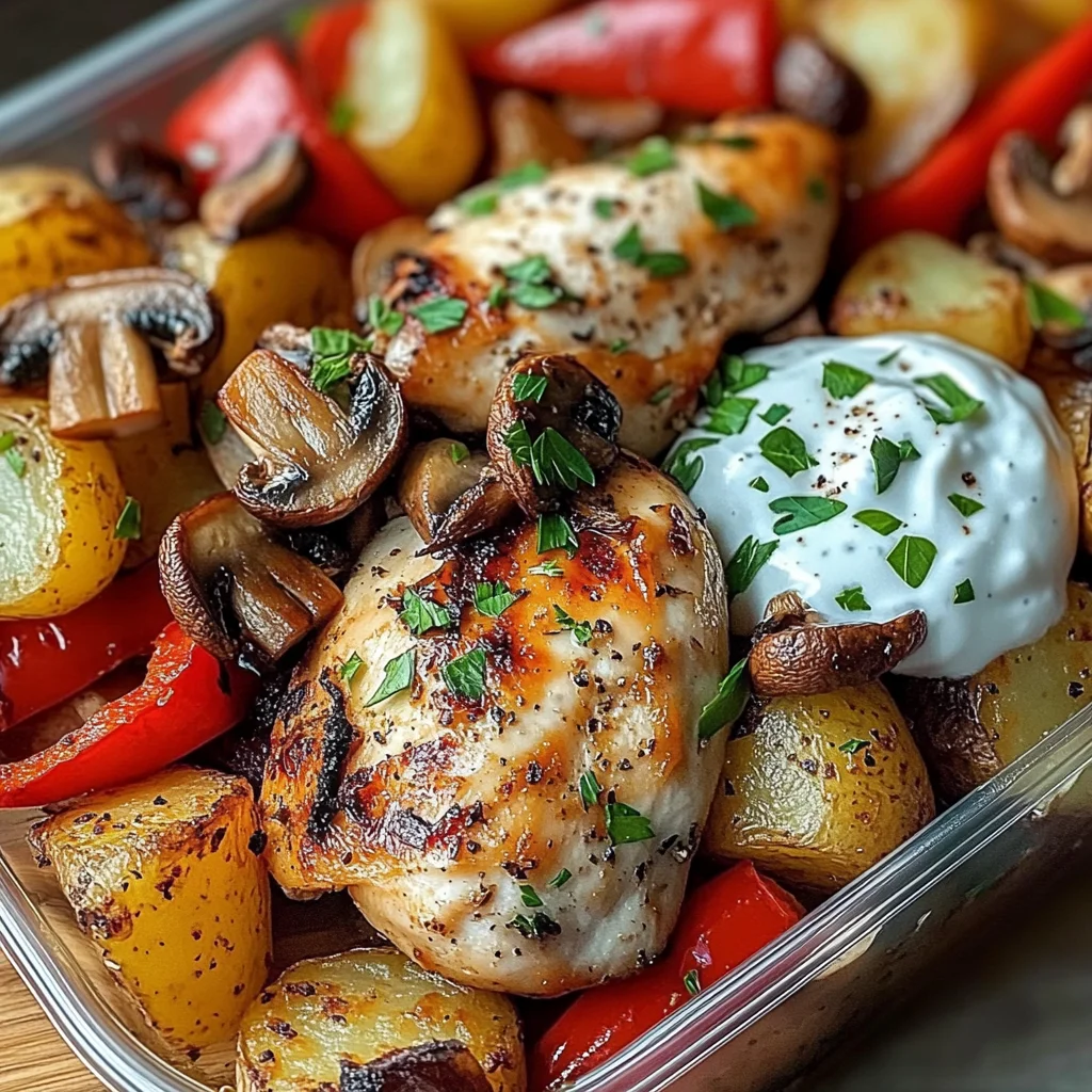 Loaded Garlic Butter Chicken with Roasted Veggies & Creamy Dip