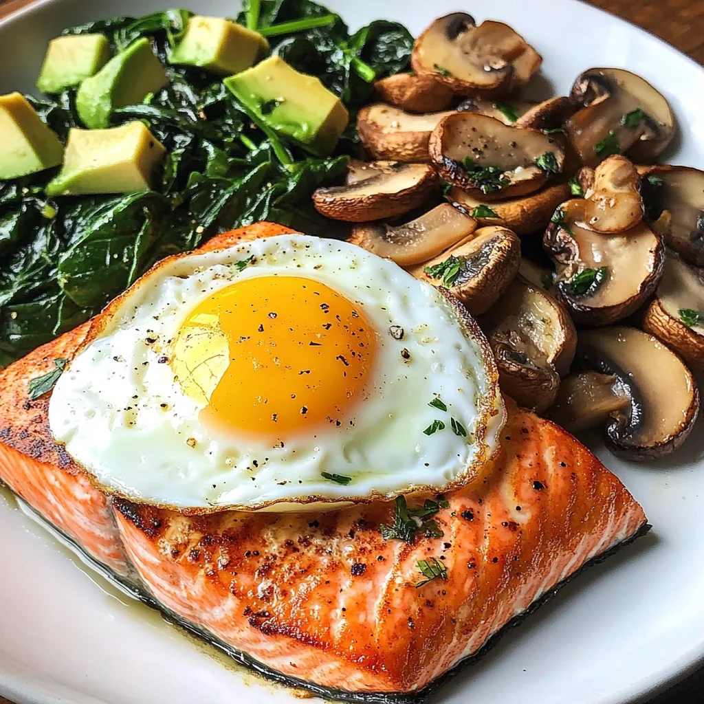 Pan-Seared Salmon with Sunny Egg, Sautéed Spinach, Mushrooms & Avocado