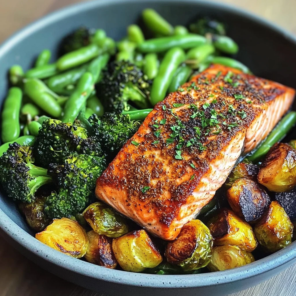 Spiced Salmon Bowl with Roasted Brussels, Sautéed Greens & Steamed Broccoli