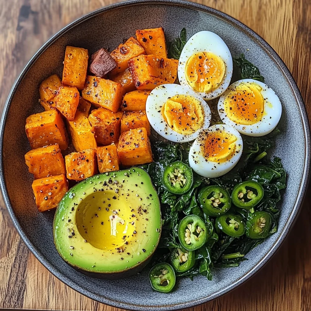 Avocado Power Plate with Jammy Eggs, Spinach & Sweet Potatoes