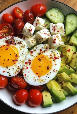 Avocado & Soft-Boiled Egg Breakfast Plate with Feta, Olives & Veggies