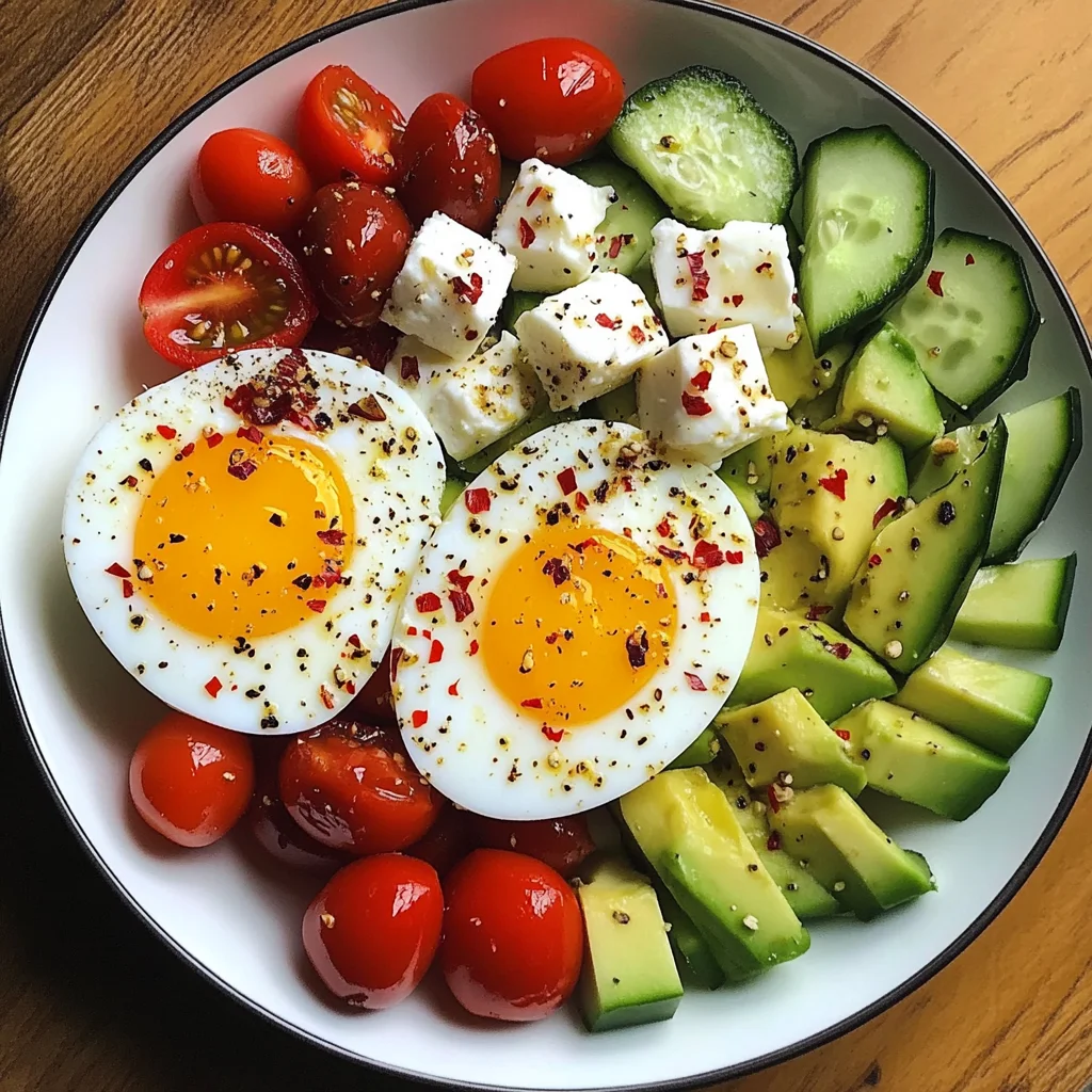 Avocado & Soft-Boiled Egg Breakfast Plate with Feta, Olives & Veggies