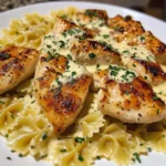Cheesy Garlic Butter Chicken with Bowtie Pasta and Creamy Sauce