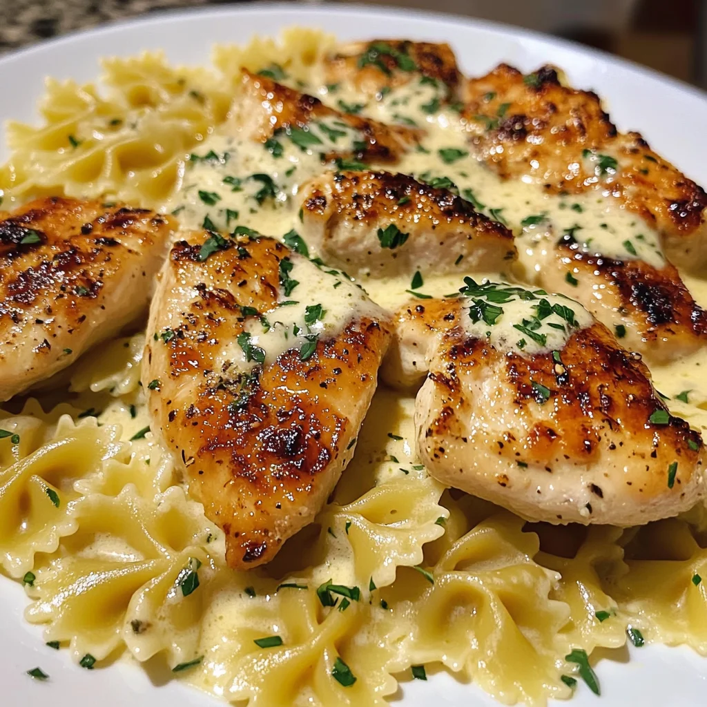 Cheesy Garlic Butter Chicken with Bowtie Pasta and Creamy Sauce