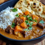 Coconut Beef Curry with Fragrant Basmati Rice and Naan