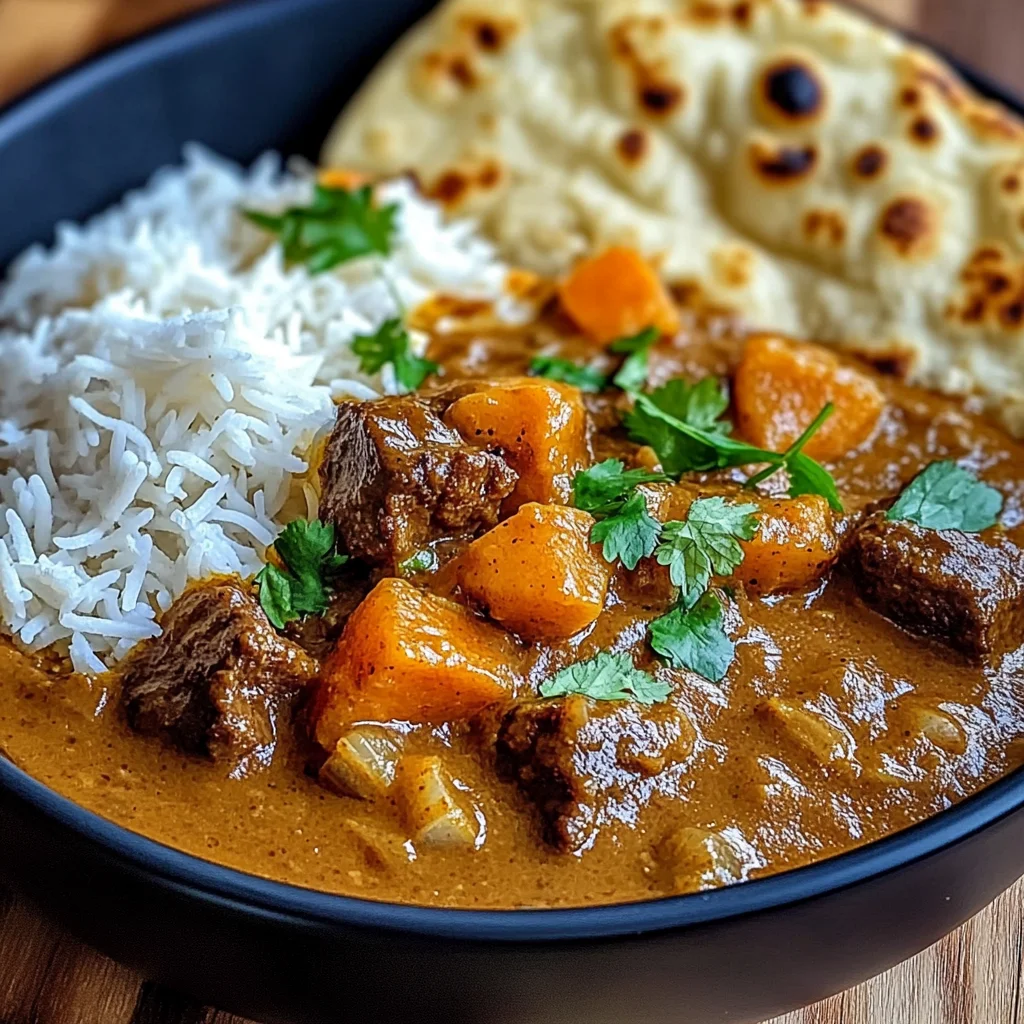 Coconut Beef Curry with Fragrant Basmati Rice and Naan