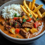 Creamy Coconut Curry Beef with Garlic Naan & Fries
