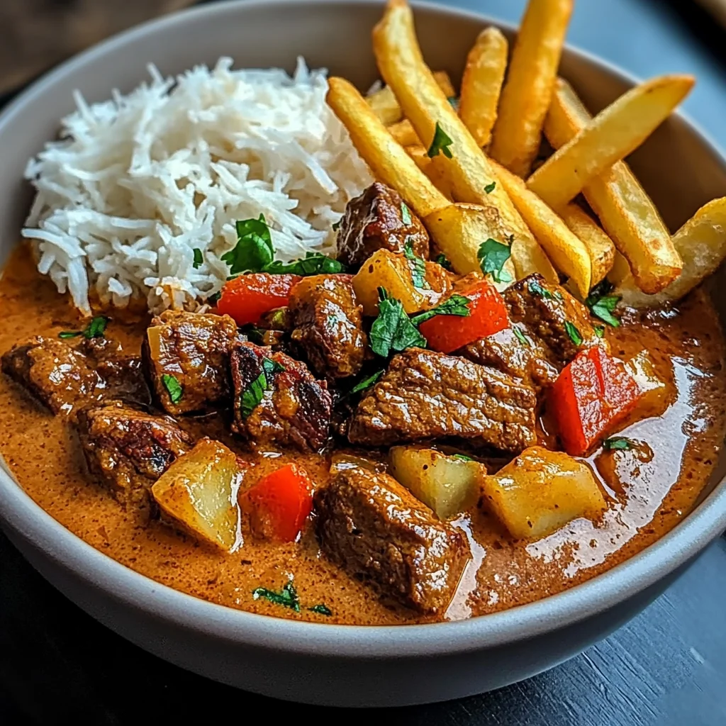 Creamy Coconut Curry Beef with Garlic Naan & Fries