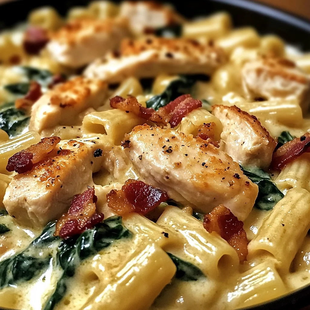 Creamy Spinach, Chicken, Bacon Pasta