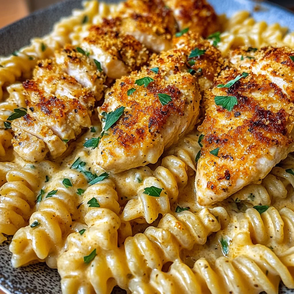 Garlic Parmesan Chicken Twisted Pasta in Spicy Three-Cheese Cajun Sauce