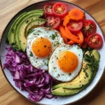 Rainbow Veggie and Sauerkraut Plate with Sunny Eggs
