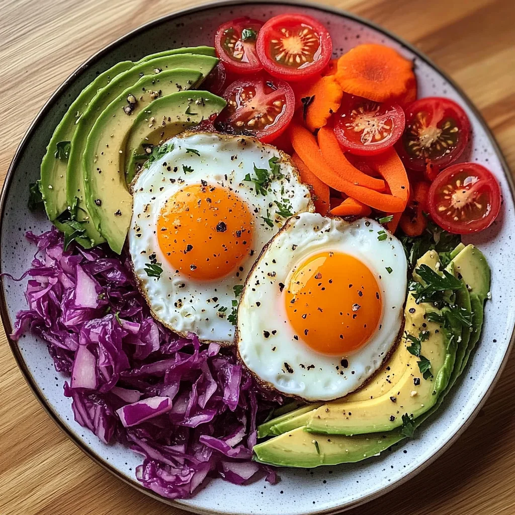 Rainbow Veggie and Sauerkraut Plate with Sunny Eggs