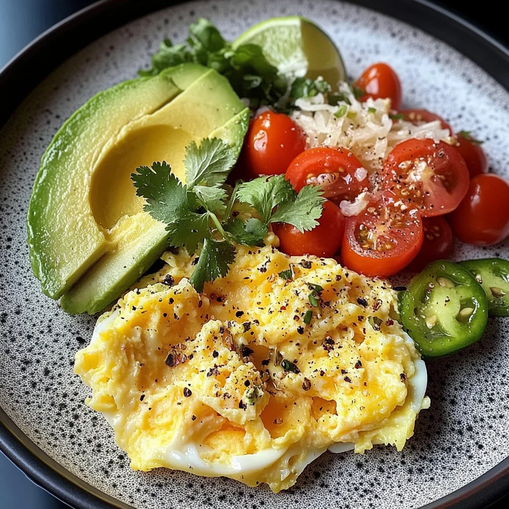 Scrambled Egg & Avocado Plate with Tomato Salad & Sauerkraut