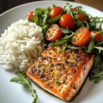 Seared Salmon with Rice & Arugula Tomato Salad
