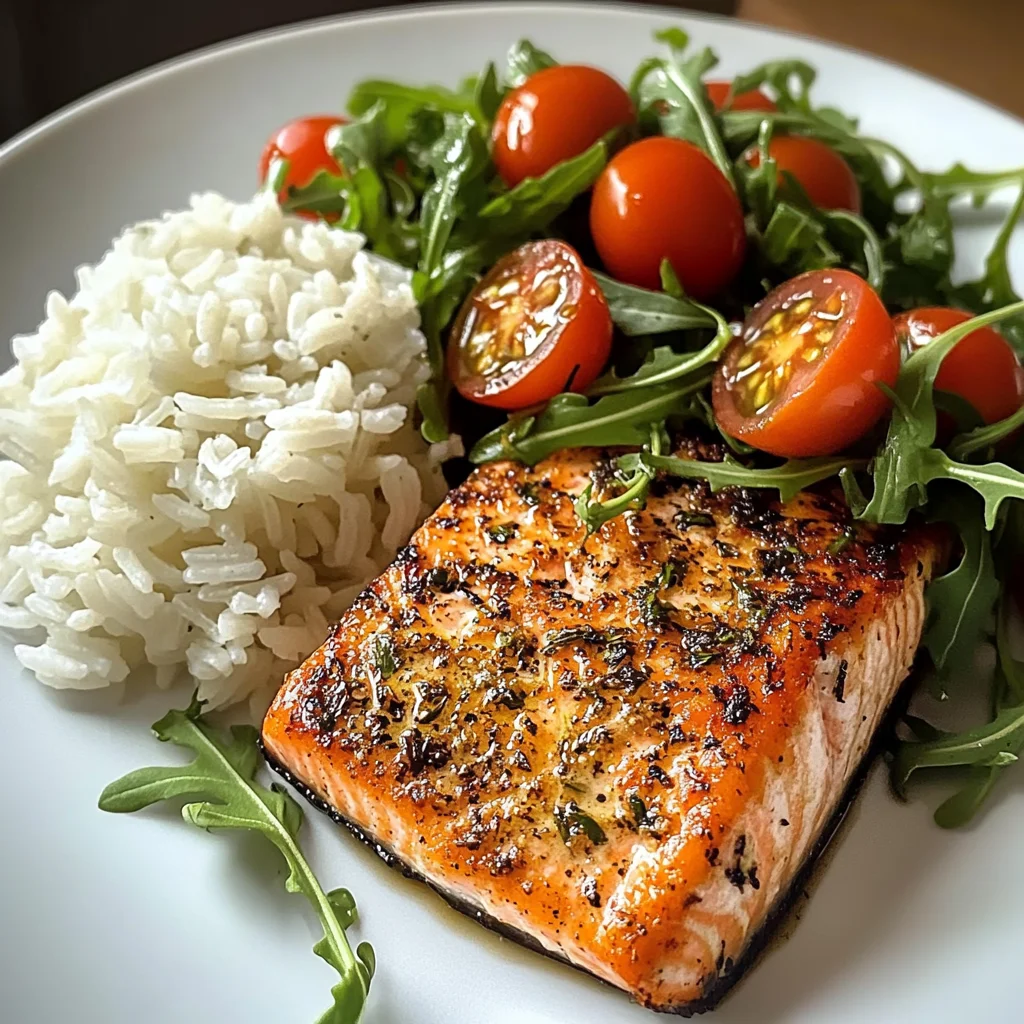 Seared Salmon with Rice & Arugula Tomato Salad