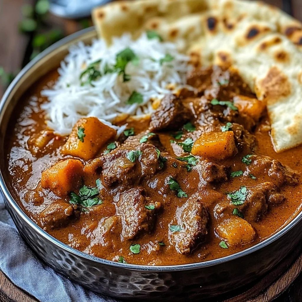 Slow-Cooked Beef Curry with Garlic Naan