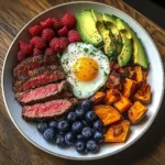 Steak & Sunny Eggs Power Plate with Sweet Potato, Avocado & Berries