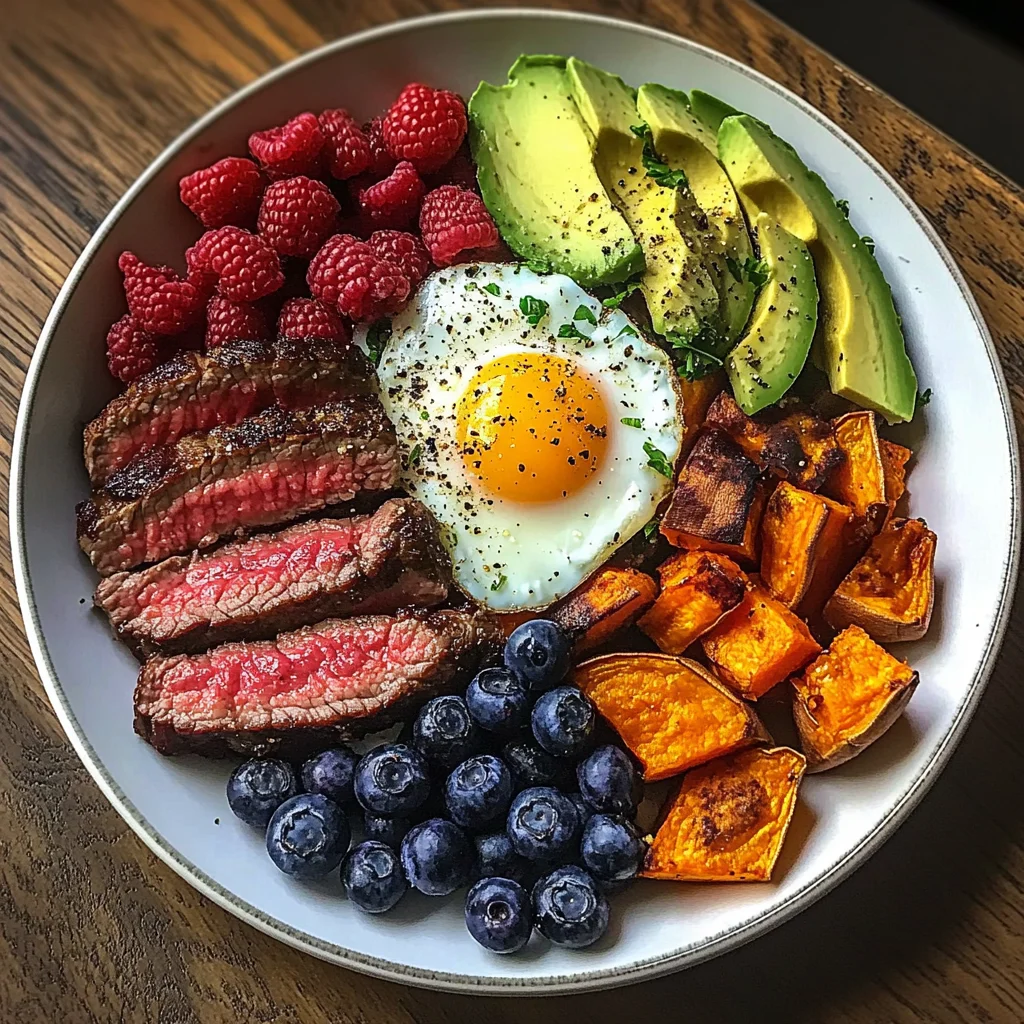 Steak & Sunny Eggs Power Plate with Sweet Potato, Avocado & Berries