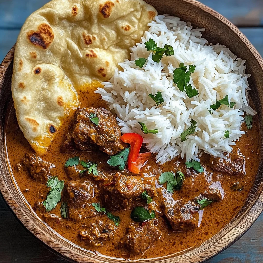 Beef Coconut Curry with Fragrant Rice and Warm Naan