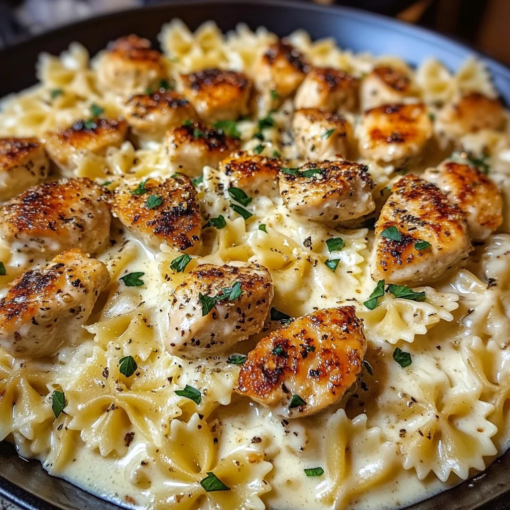 Creamy Alfredo Bowtie Pasta with Garlic Chicken Bites