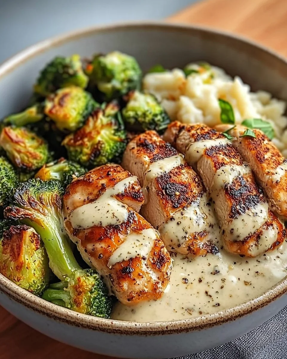 Creamy Black Pepper Chicken Bowl with Crispy Brussels & Mash