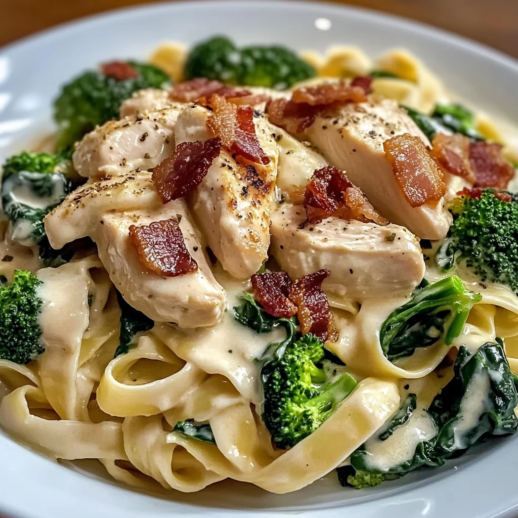 Creamy Chicken Bacon Fettuccine Alfredo with Spinach & Broccoli