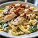 Creamy Chicken Bacon Spinach Fettuccine with Broccoli